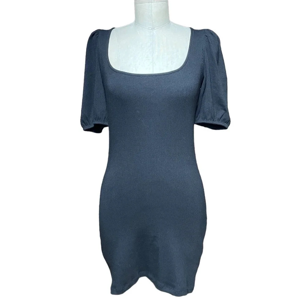 Aritzia Sunday Best Angel Mini Dress Bodycon Puff-Sleeve Ribbed Black Size Small